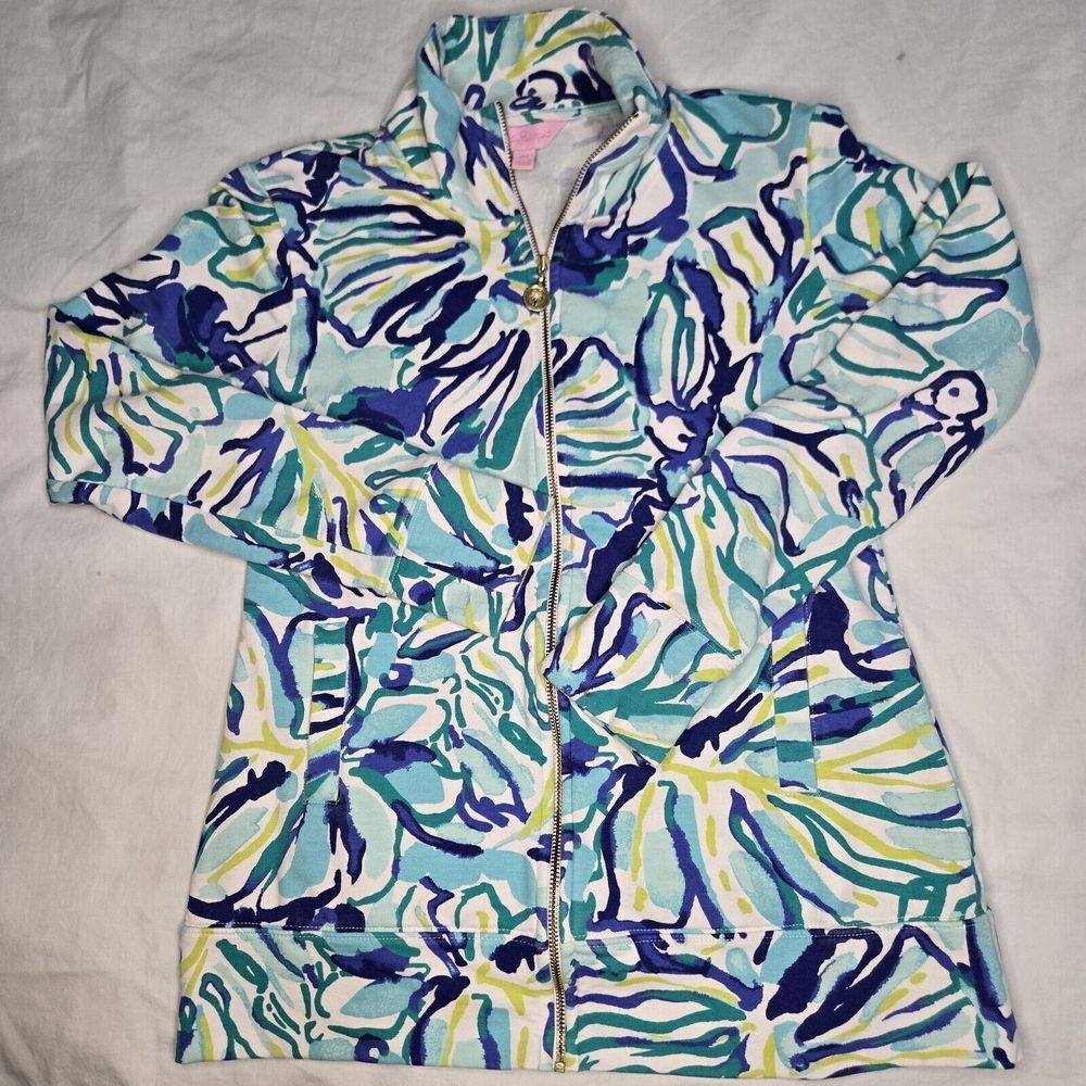 Lilly Pulitzer Jacket Blue Green Palm Leaves Full Zip Popover Jacket Size XXS - Picture 2 of 8